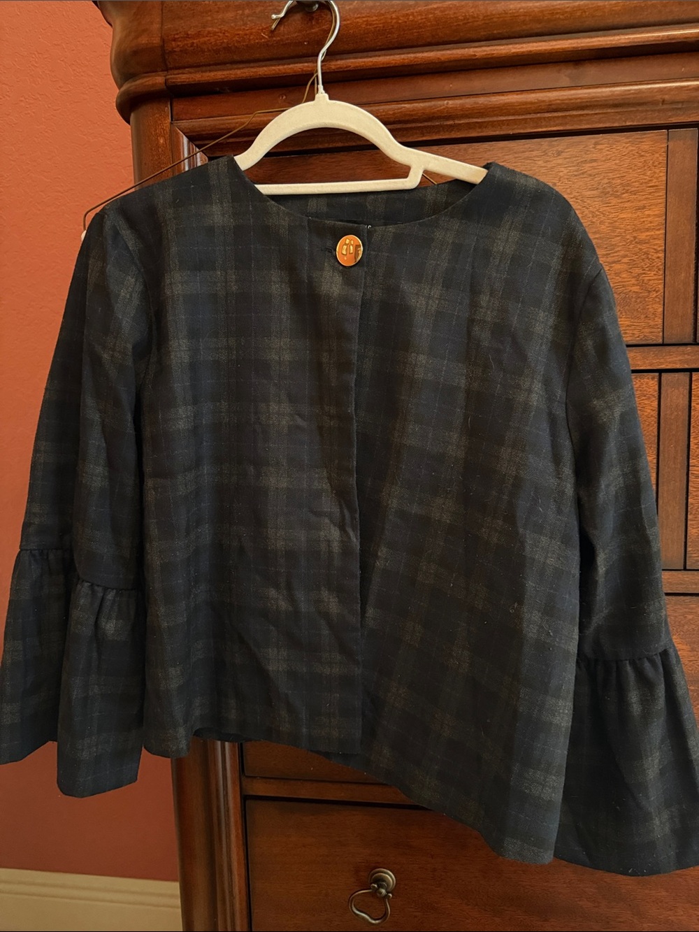 Womens Dark Navy Plaid Bell-Sleeve Jacket